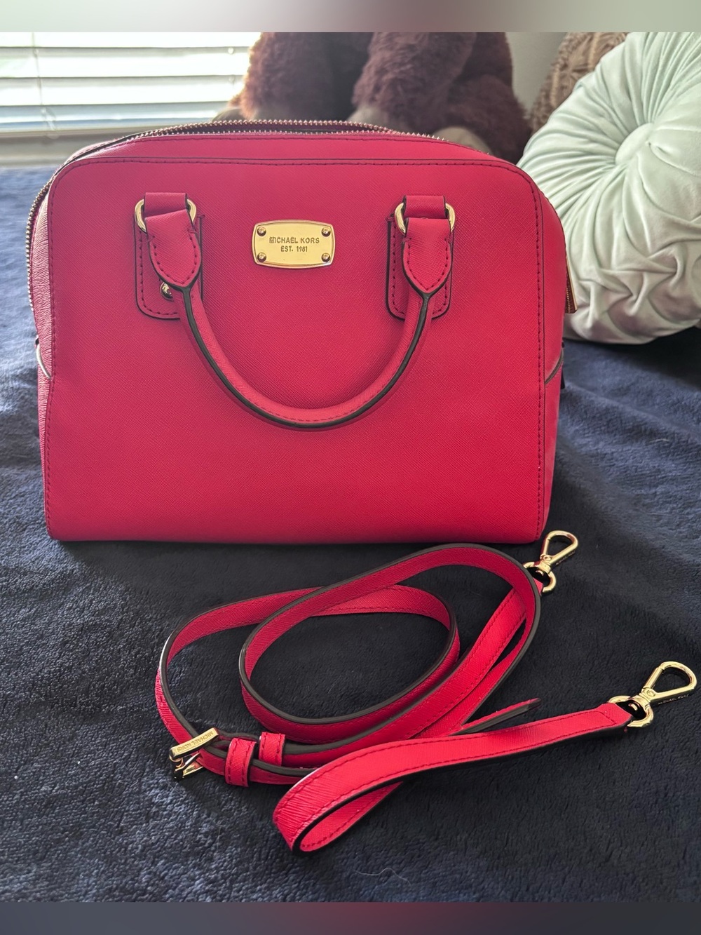 Michael Kors Red Saffiano Leather Satchel with Detachable Strap